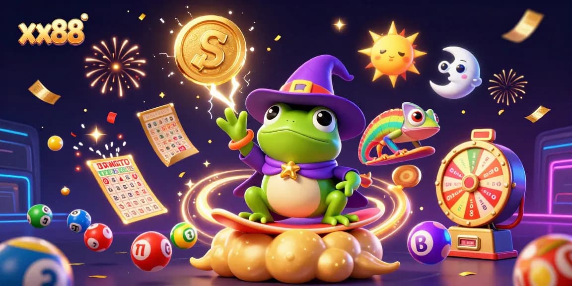 Win big with xx88 as a cartoon wizard frog conjures golden coins amidst vibrant casino elements.