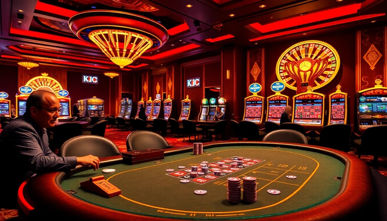 KJC casino scene showcasing a thrilling poker game with vibrant colors, players engaged, and glamorous atmosphere.