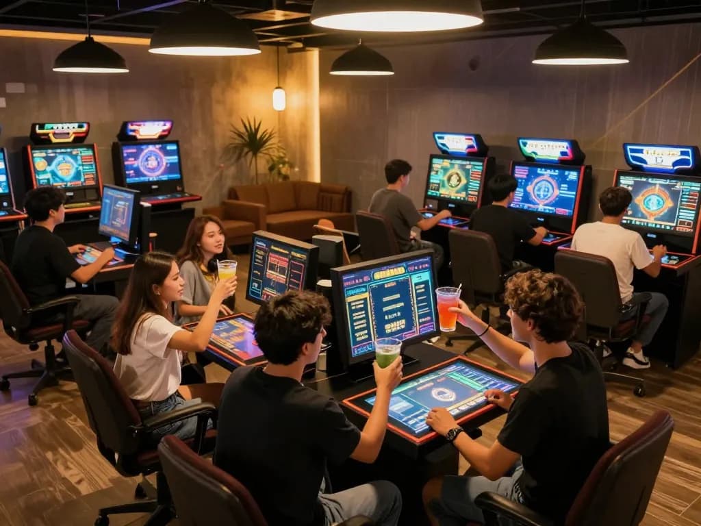 Fly88 players celebrating a win at vibrant electronic gaming tables in a modern gaming lounge.