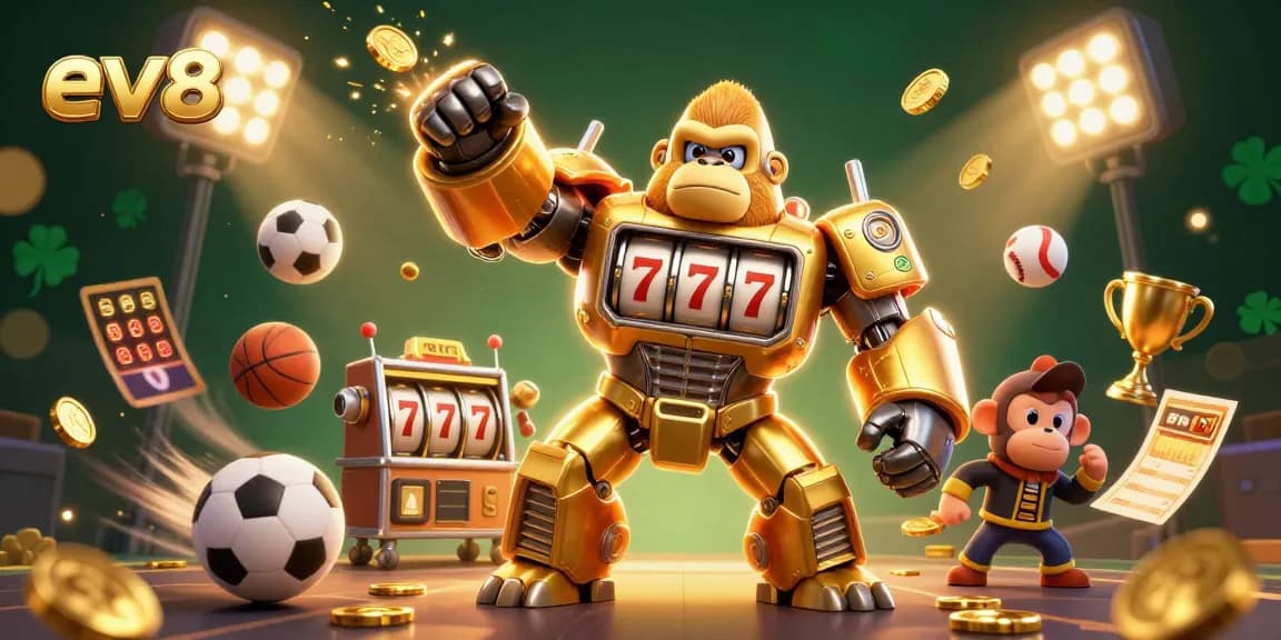 ev88 brings excitement with a golden gorilla mech going big with jackpots in a dazzling casino scene