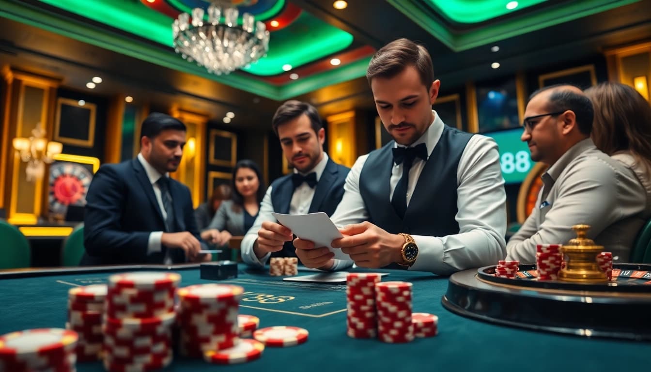 Players strategizing at SC88 poker table, surrounded by chips and excitement.