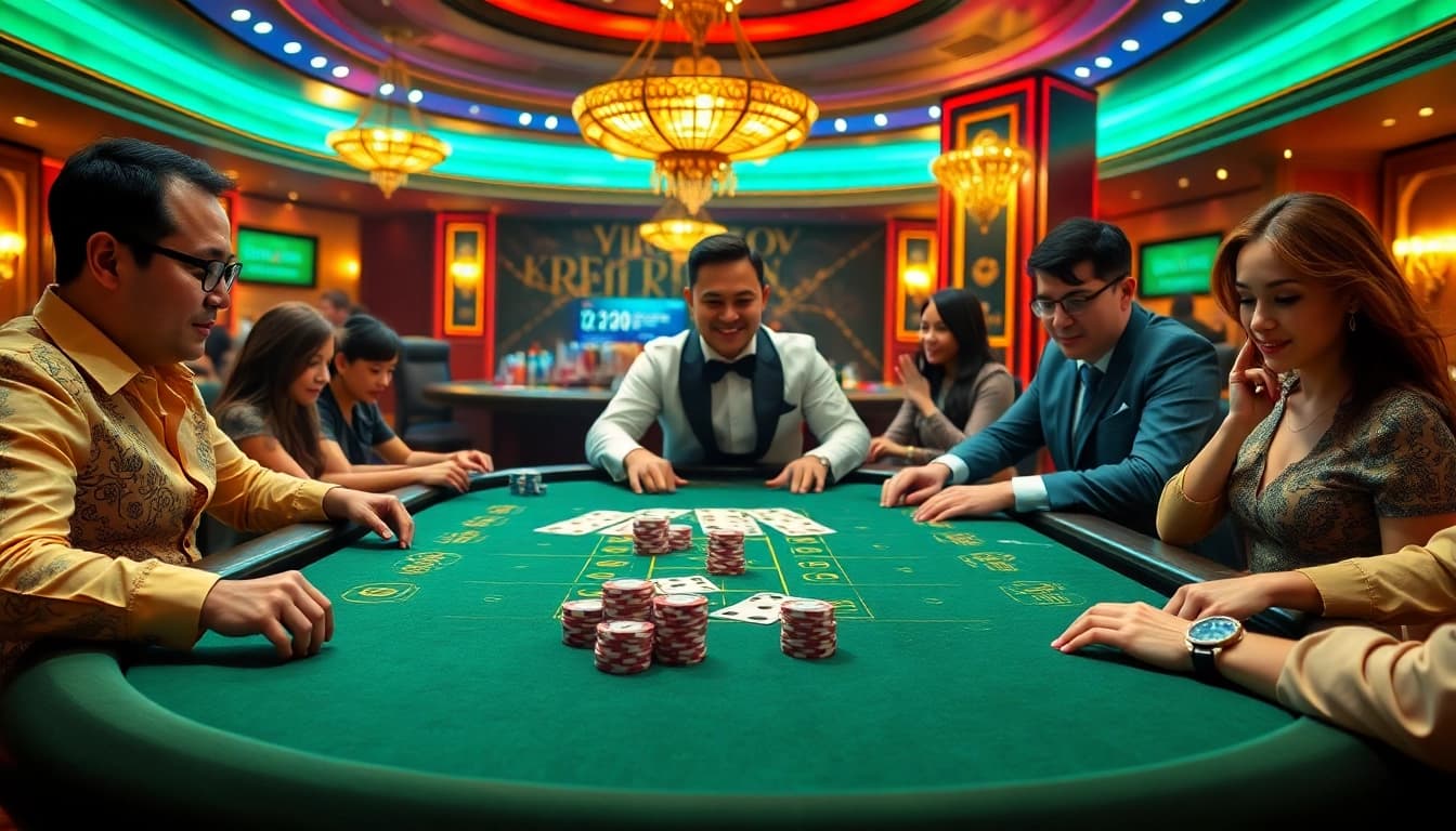 xóc đĩa online players engaging at a luxurious casino table, with vibrant poker chips and a digital interface.