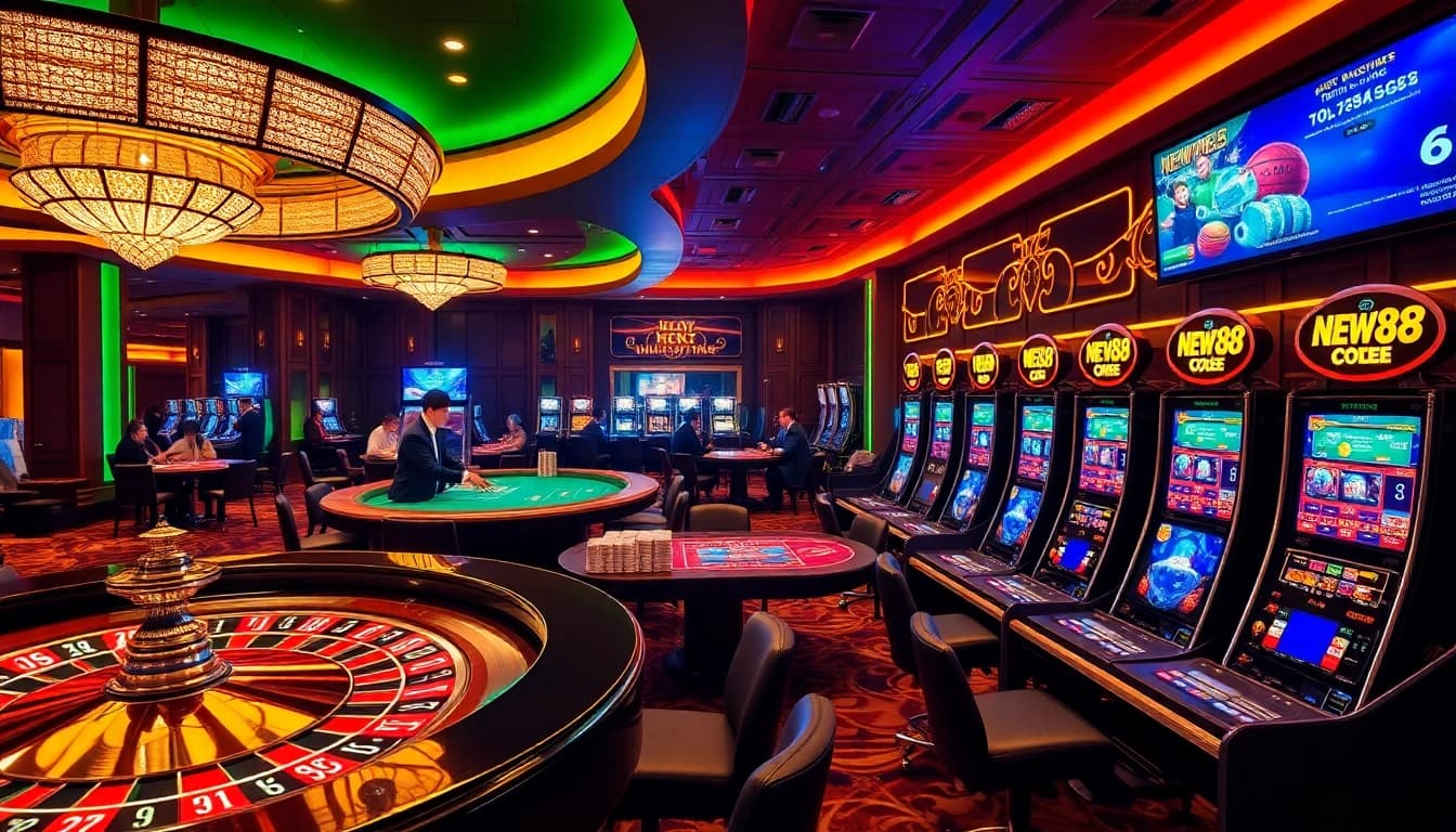 Experience the thrilling world of new88 with engaging casino tables and vibrant slot machines.