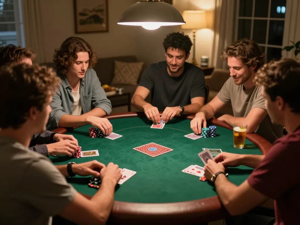 Friends enjoying a poker night at home, focusing on the engaging game and social interaction, showcasing 99OK.