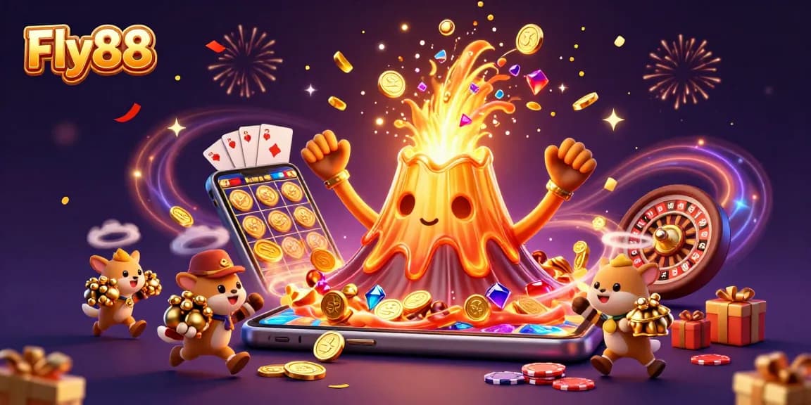 Experience the thrill of Fly88 with a triumphant volcano erupting coins and treasure in this vibrant casino illustration.