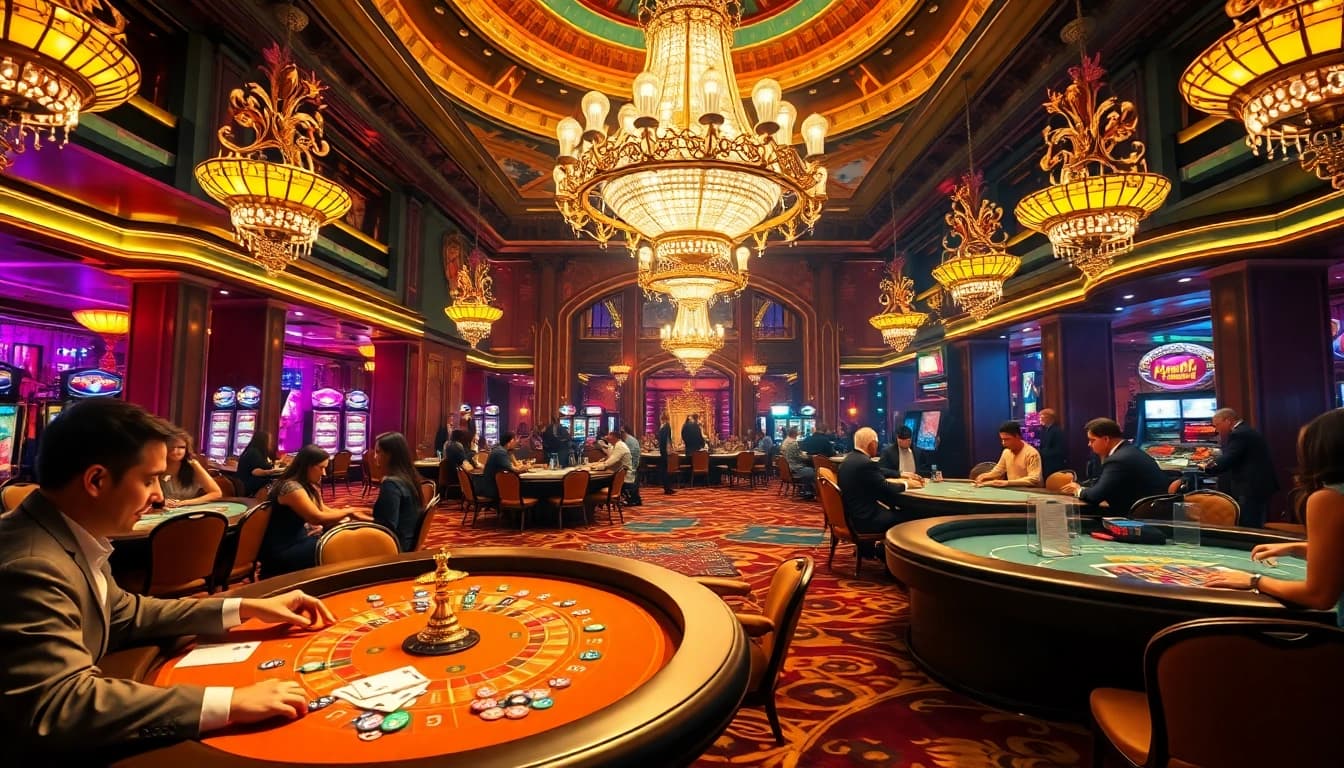 Experience the thrill of gaming at https://luck8f.jpn.com/ with vibrant casino tables and excited players.