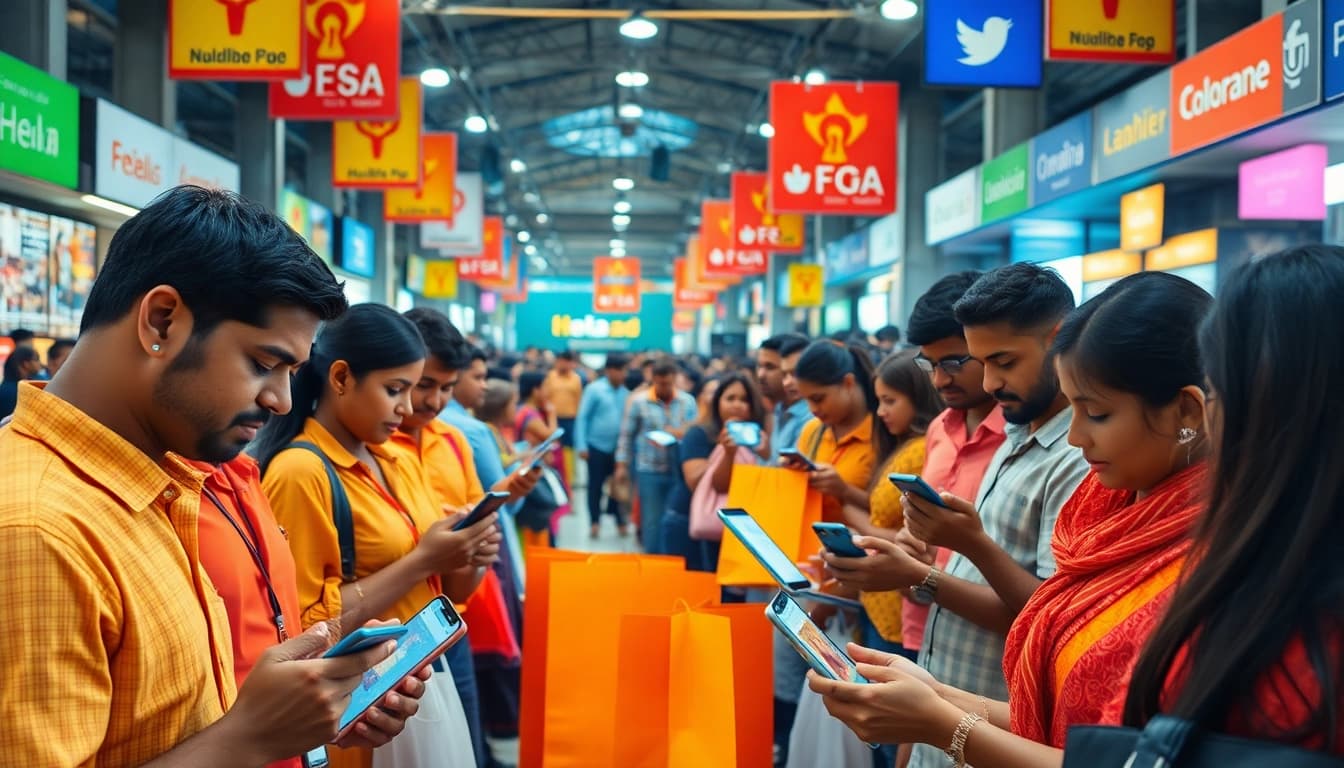 Engaging scene of Hela Ads users interacting in a vibrant digital marketplace.