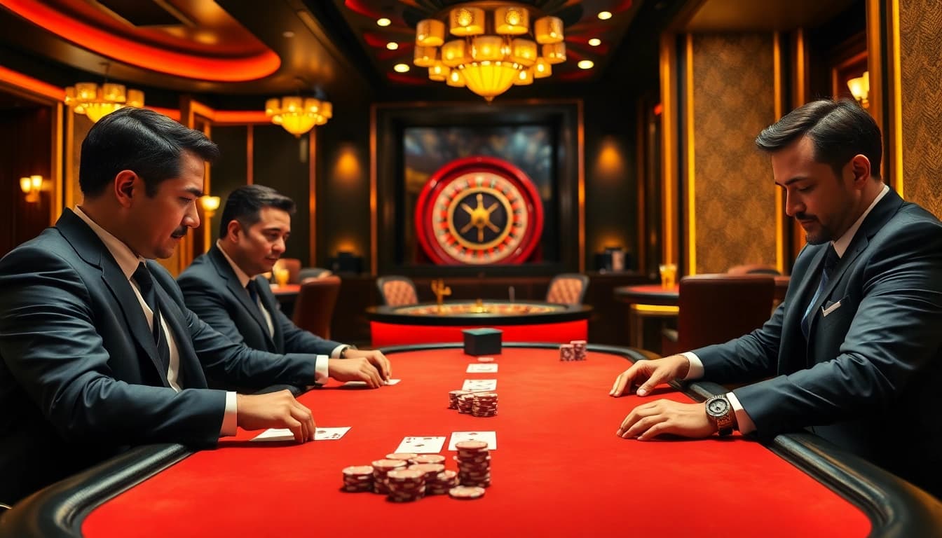Engaged players at an RR88 high-stakes poker table, chips and cards in action.
