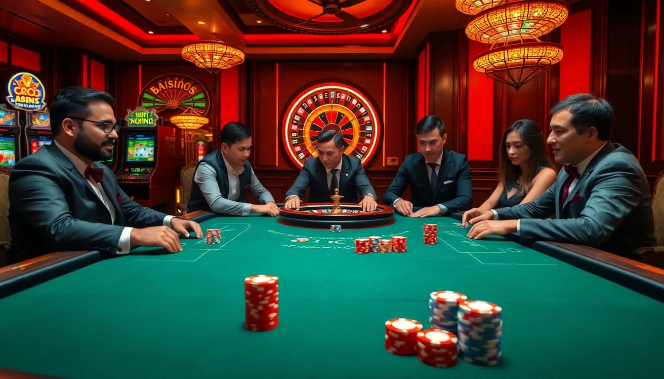 Luxurious casino scene featuring poker and slot machines at https://kjc.coffee/, illuminated for excitement.