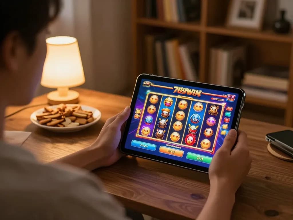 Playing 789win game on a tablet in a cozy home setting with snacks and warm lighting.