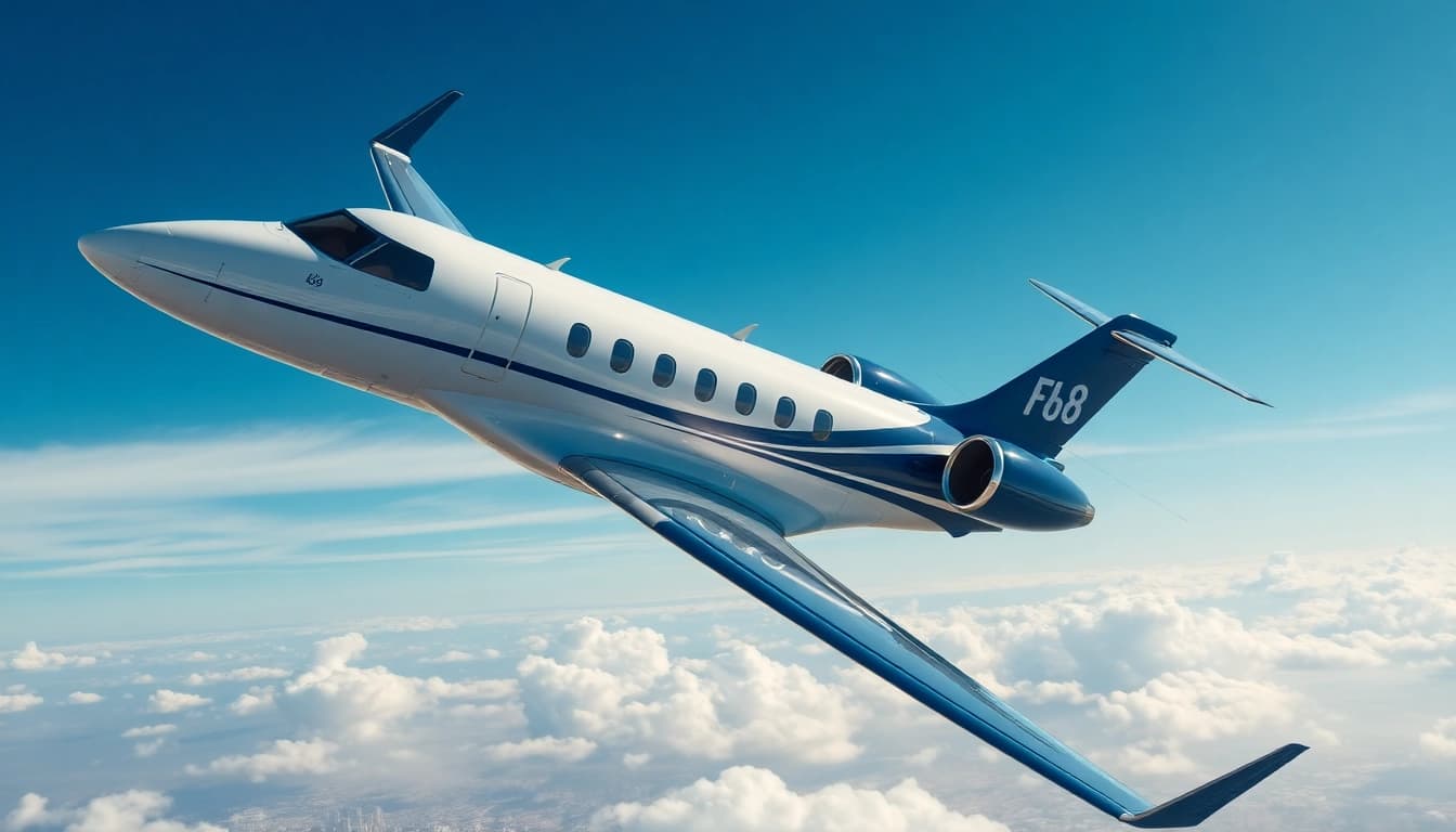 Fly 88 private jet flying above the clouds, showcasing luxury aviation experience.