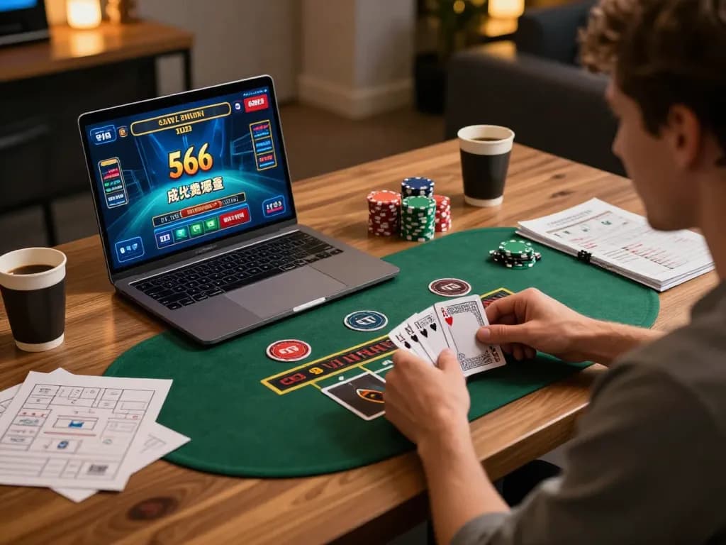 Engaged player enjoying a live dealer game on their laptop at 566, embodying online gambling excitement.