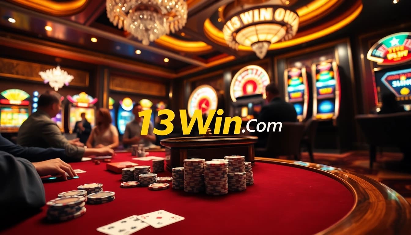 Players enjoying an exciting game of poker at 13Win Com casino, showcasing vibrant chips and cards.
