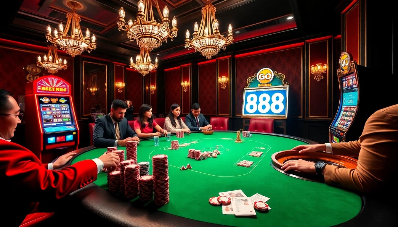 Players enjoy an exciting game of poker at a luxurious casino table, experiencing go 88 thrills.