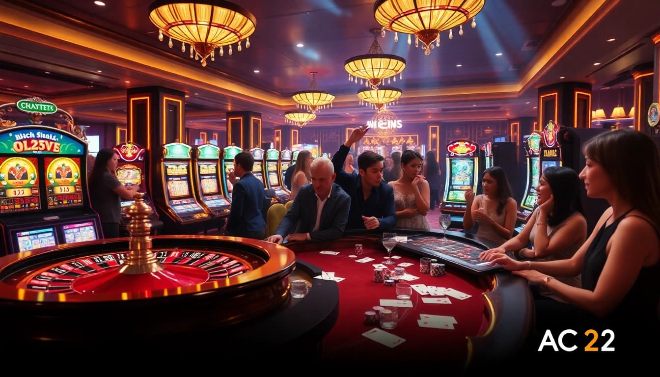 Exciting casino scene featuring various games with KJC AC 2 elements, showcasing roulette, poker, and slots.