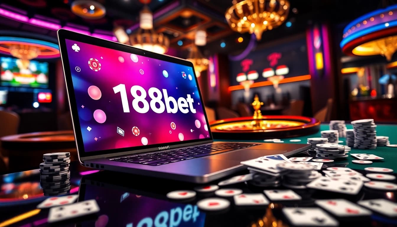 Experience the thrill of betting with the 188bet link access at a lively online casino featuring poker chips and vibrant cards.