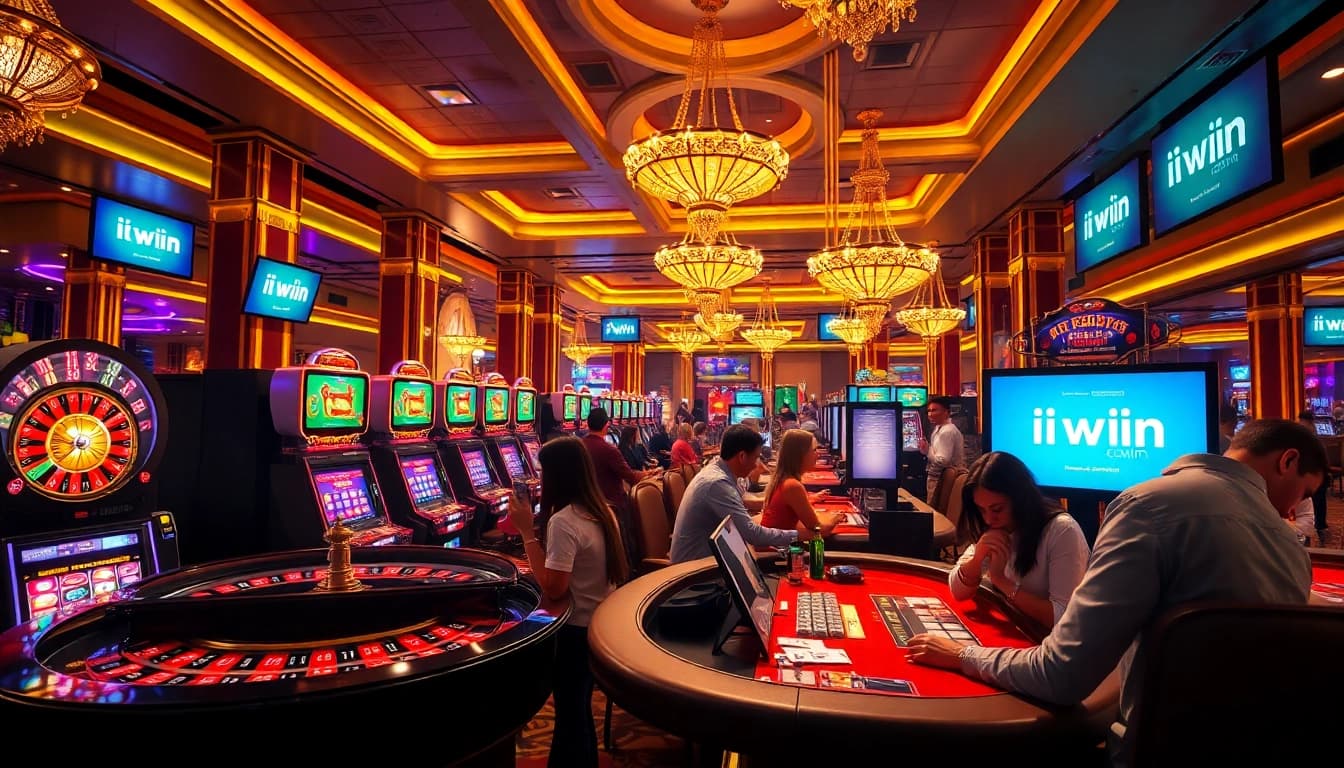 Exciting gambling scene showcasing players at https://iwincom.net/ with roulette wheels, poker chips, and slot machines.