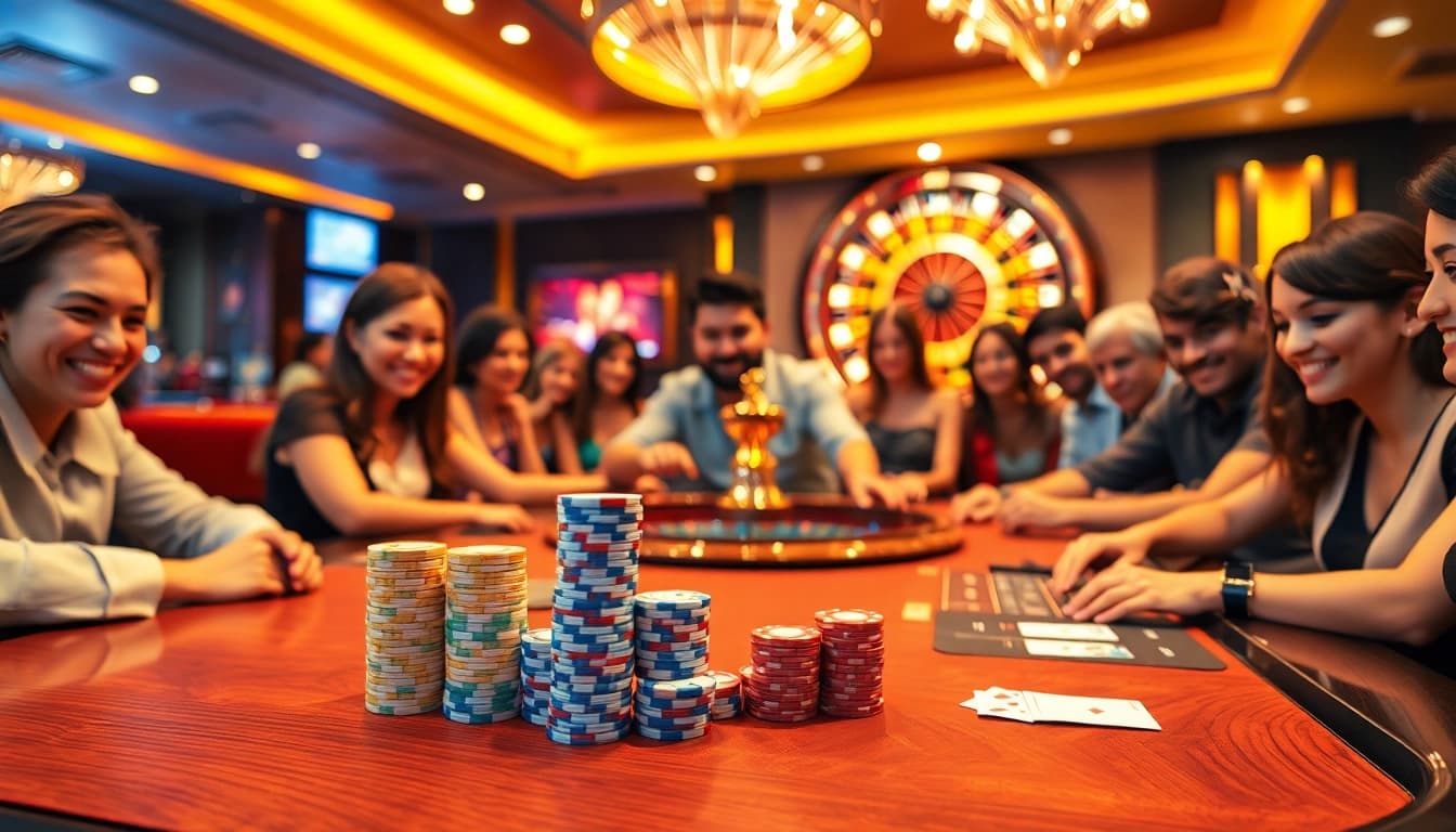 Engaging players experiencing high-stakes excitement at GG88's luxurious casino table.