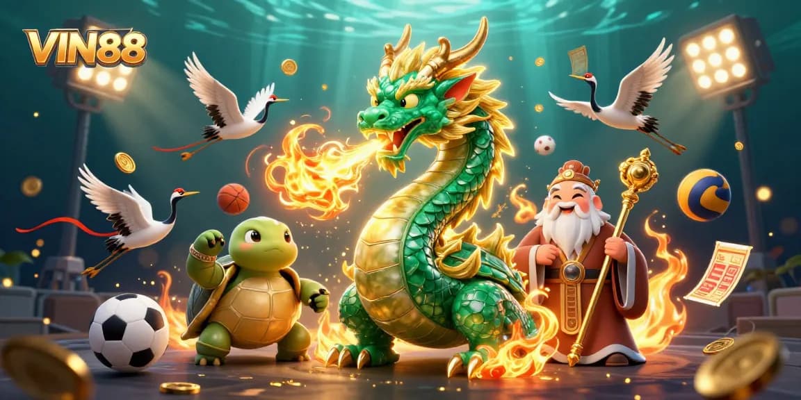 Experience the thrill of VIN88 with dynamic sports betting characters and vibrant casino elements.