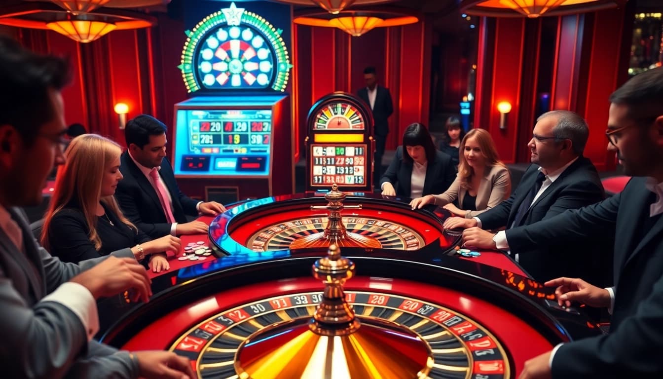 Experience the thrill of gambling at win55's luxurious roulette table surrounded by excited players.
