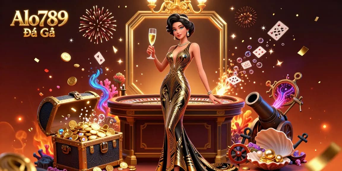 Alo789 Đá Gà showcases a glamorous scene with an elegant woman, casino elements and dynamic gambling visuals.