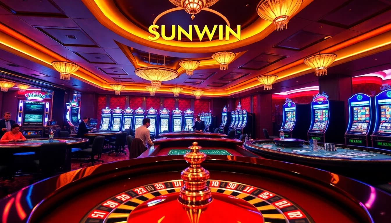 Experience an exciting SUNWIN casino game with dealers, vibrant roulette wheels, and poker chips.