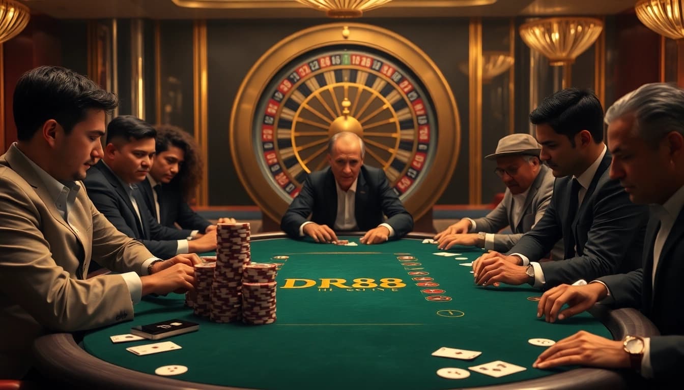 Exciting DR88 casino scene with stylish poker gameplay, luxurious setting, and digital betting interface.