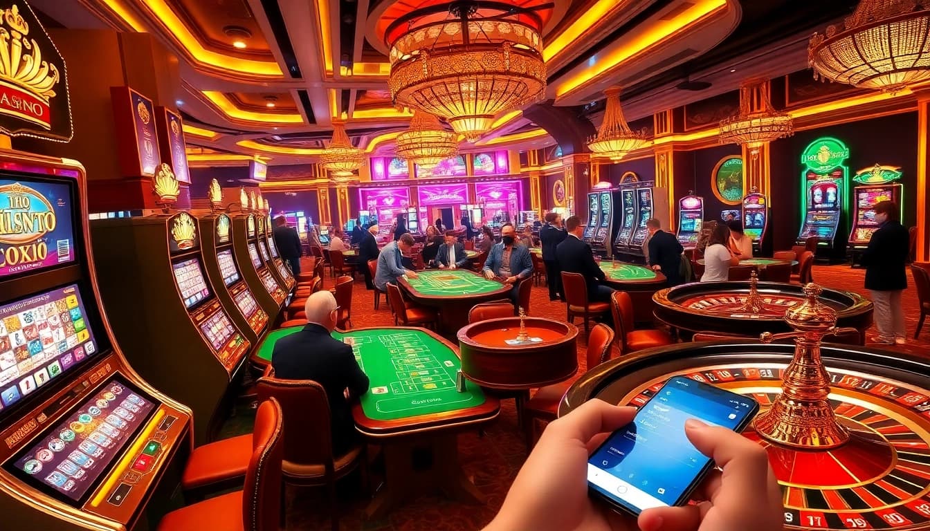 Experience the excitement at 789f nhà cái with players enjoying a luxurious casino atmosphere filled with slot machines, poker tables, and roulette wheels.