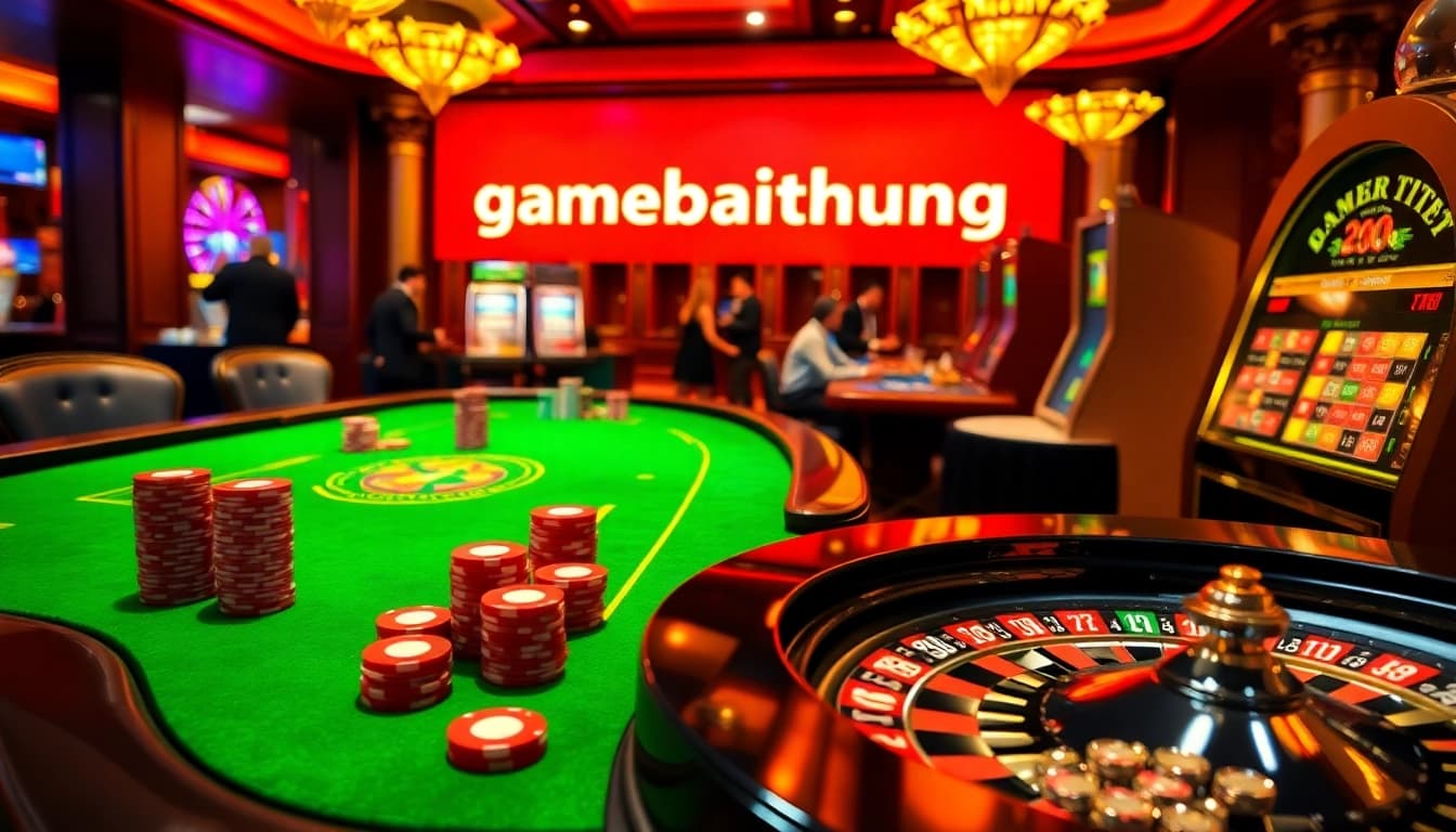 Engage in thrilling action at gamebaidoithuong with vibrant casino tables, poker chips, and slot machines.