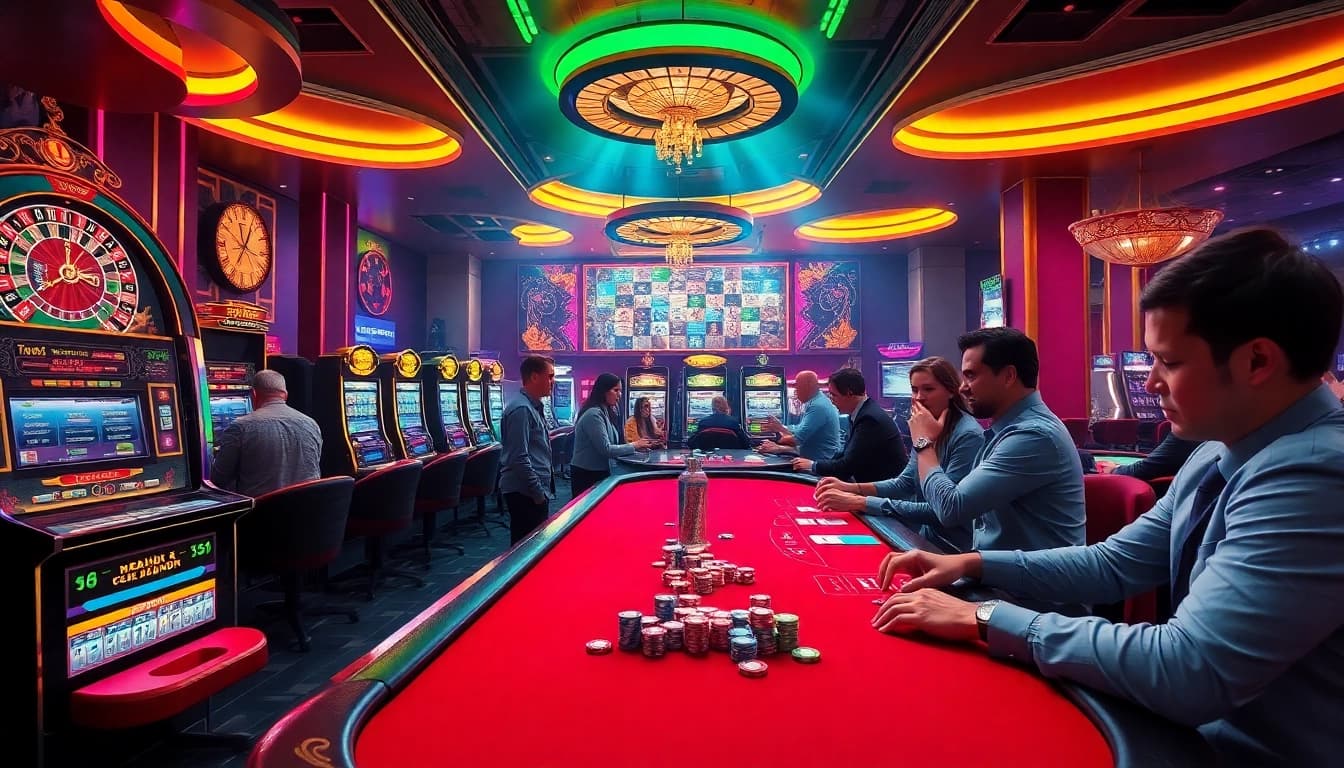 Players engaging in thrilling games at an upscale casino environment, ideally showcasing https://rr88.se.net/.