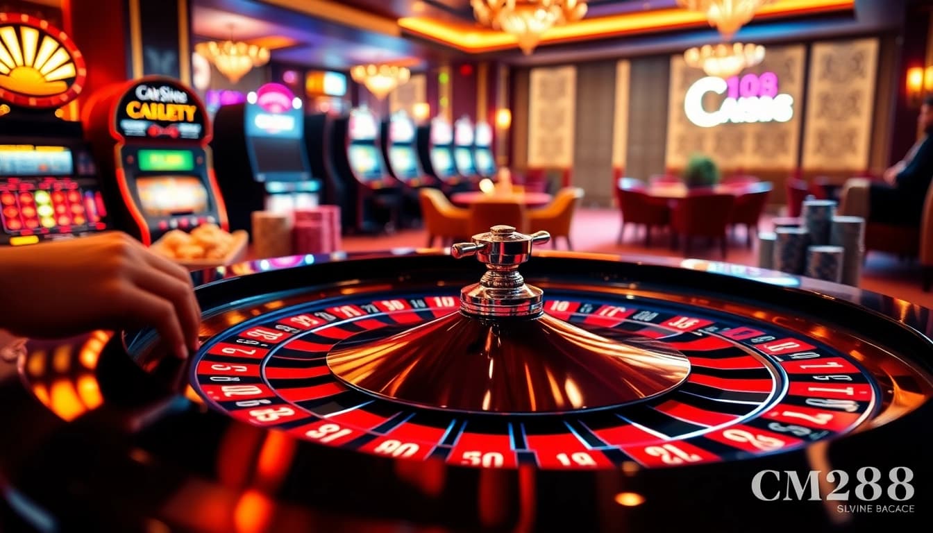 Players enjoying the CM88 casino experience with vibrant roulette wheels and poker chips stacked high.