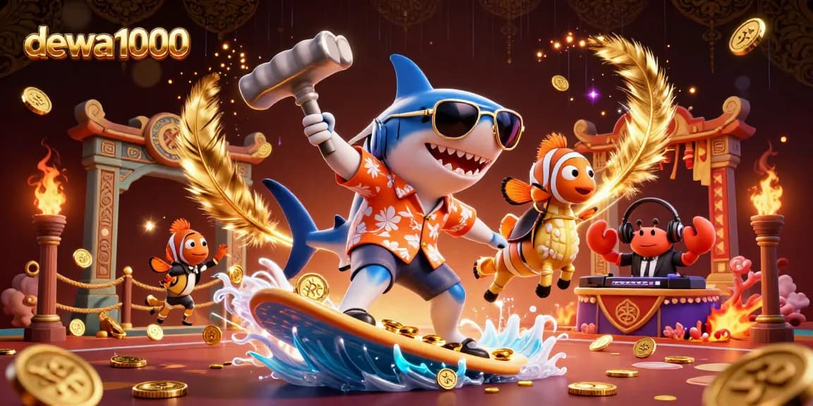 Bet on dewa1000 and enjoy a vibrant scene with a hammer-head shark, seahorse, and crab DJ.