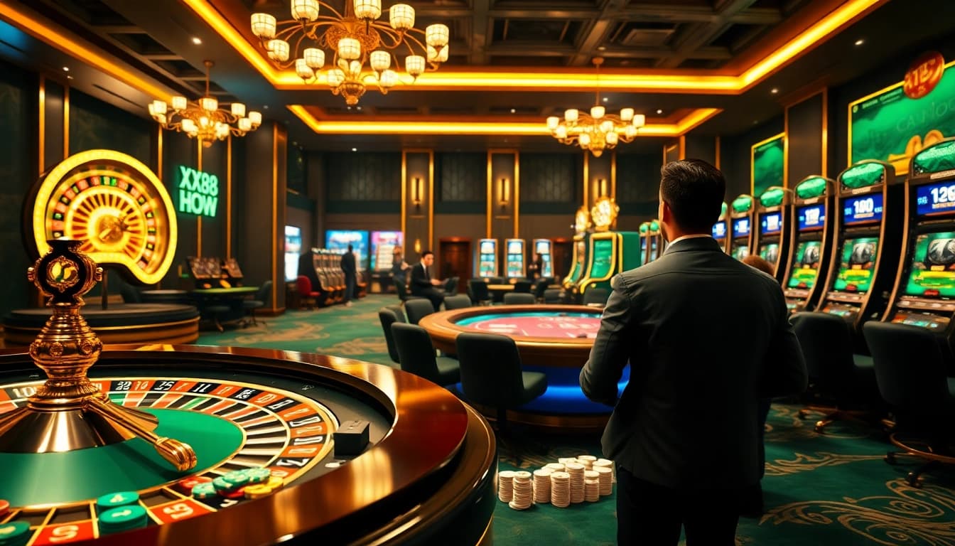 Experience the thrill of online gambling with XX88 HOW through an engaging casino scene featuring roulette and poker tables.