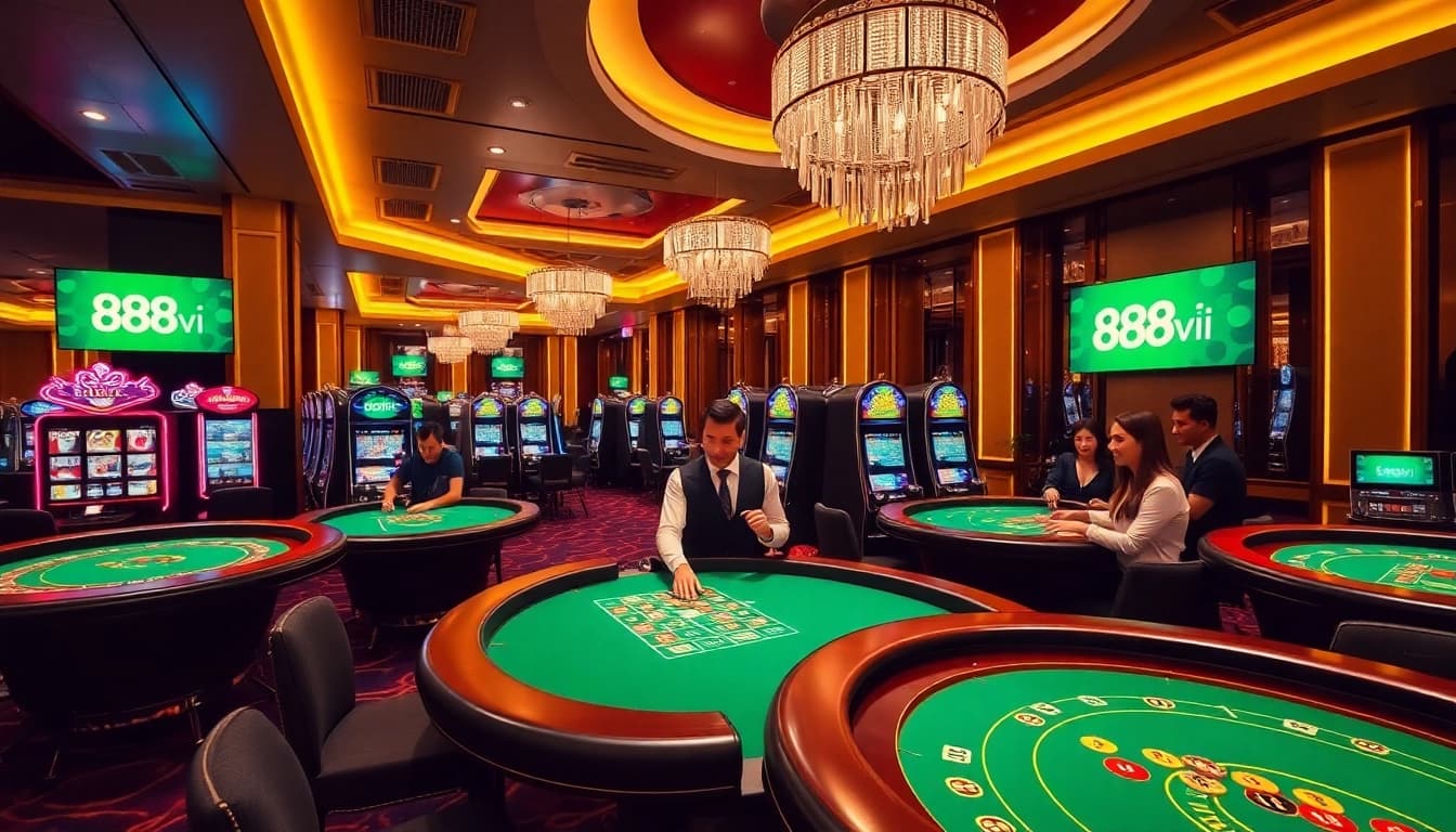 Players enjoying thrilling games at 888vi casino, surrounded by vibrant lights and high stakes.