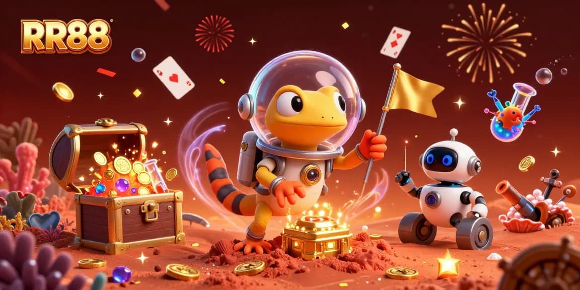 RR88 casino excitement with a Martian gecko and treasure amidst vibrant confetti and golden coins