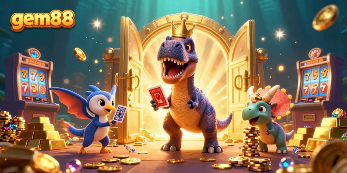 Experience gem88 with a friendly T-Rex and friends amidst vibrant casino elements.