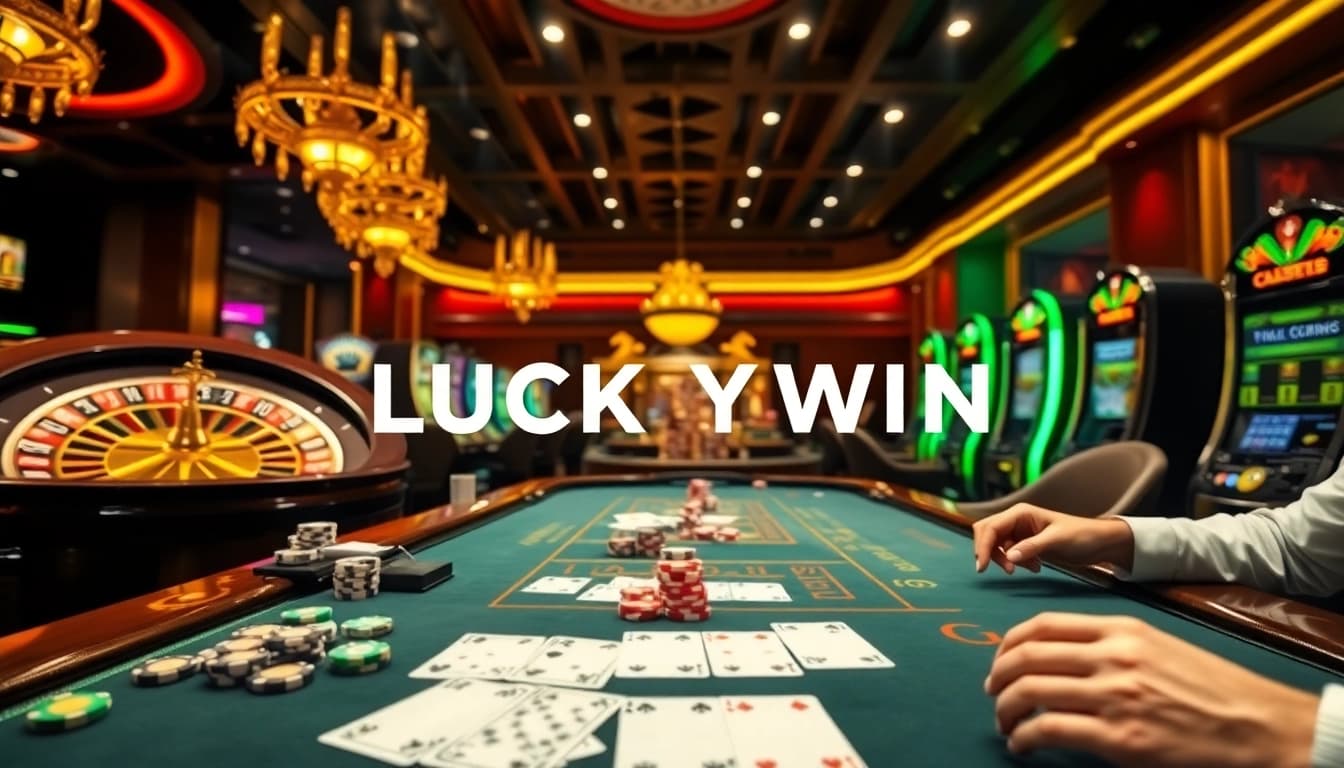 LUCKYWIN casino scene with vibrant gaming elements including roulette, poker chips, and engaged players.