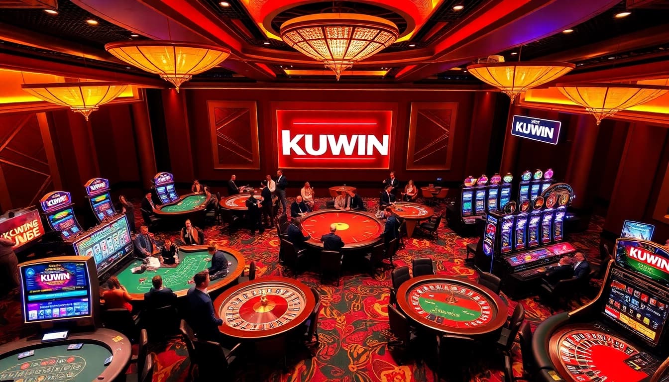 Kuwin casino scene featuring exciting poker and roulette action in a luxurious setting.
