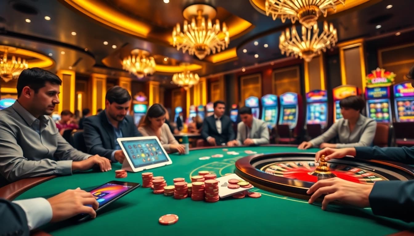 Engaged players enjoying high-stakes gaming at https://sumvip.app/ casino tables filled with chips and cards.
