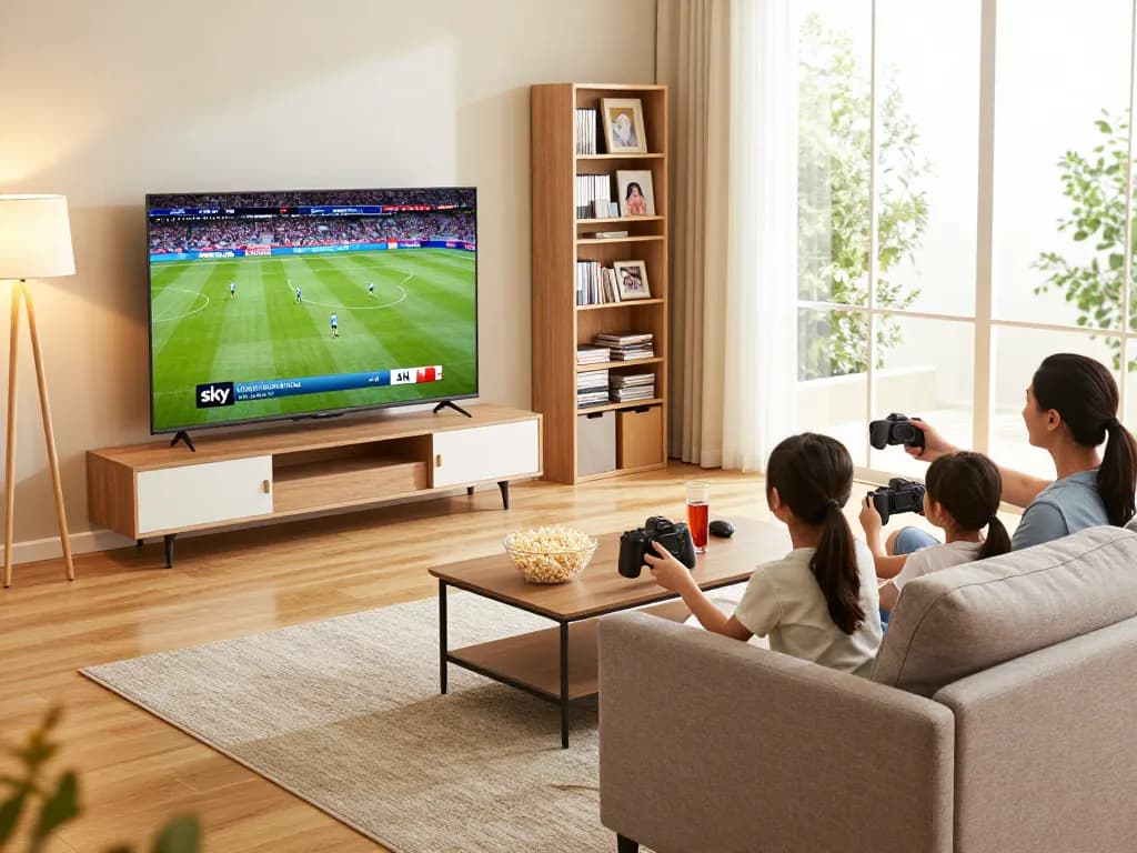 Family enjoying Sky Glass IPTV in a cozy living room, showcasing 4K streaming and family entertainment.