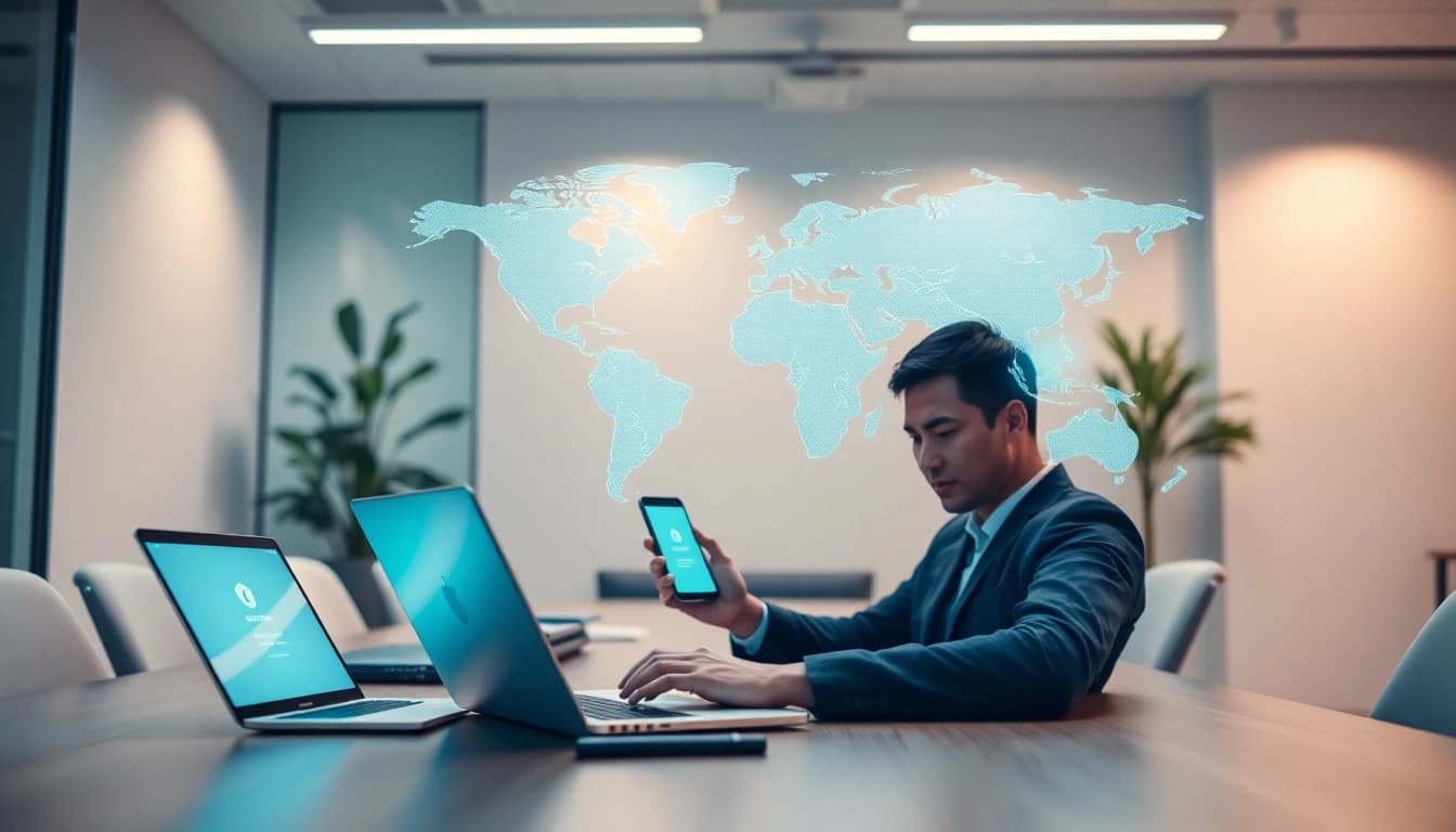 快连官网：展示用户使用 VPN 技术实现全球互联的情景。