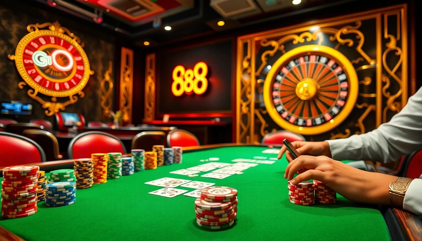 Experience the thrill of gambling at GO 88 casino with vibrant poker tables and colorful chips.
