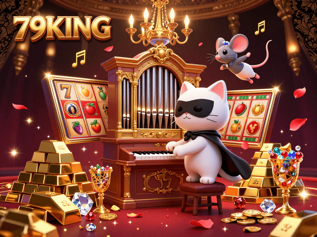 Experience the excitement of 79KING slots with captivating characters and treasure elements in a rich casino setting.