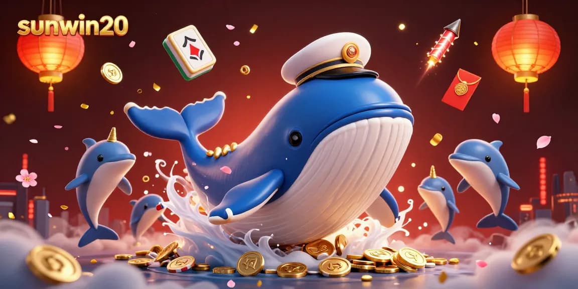 sunwin20 showcasing action-packed casino illustration with a cartoon whale and playful dolphins