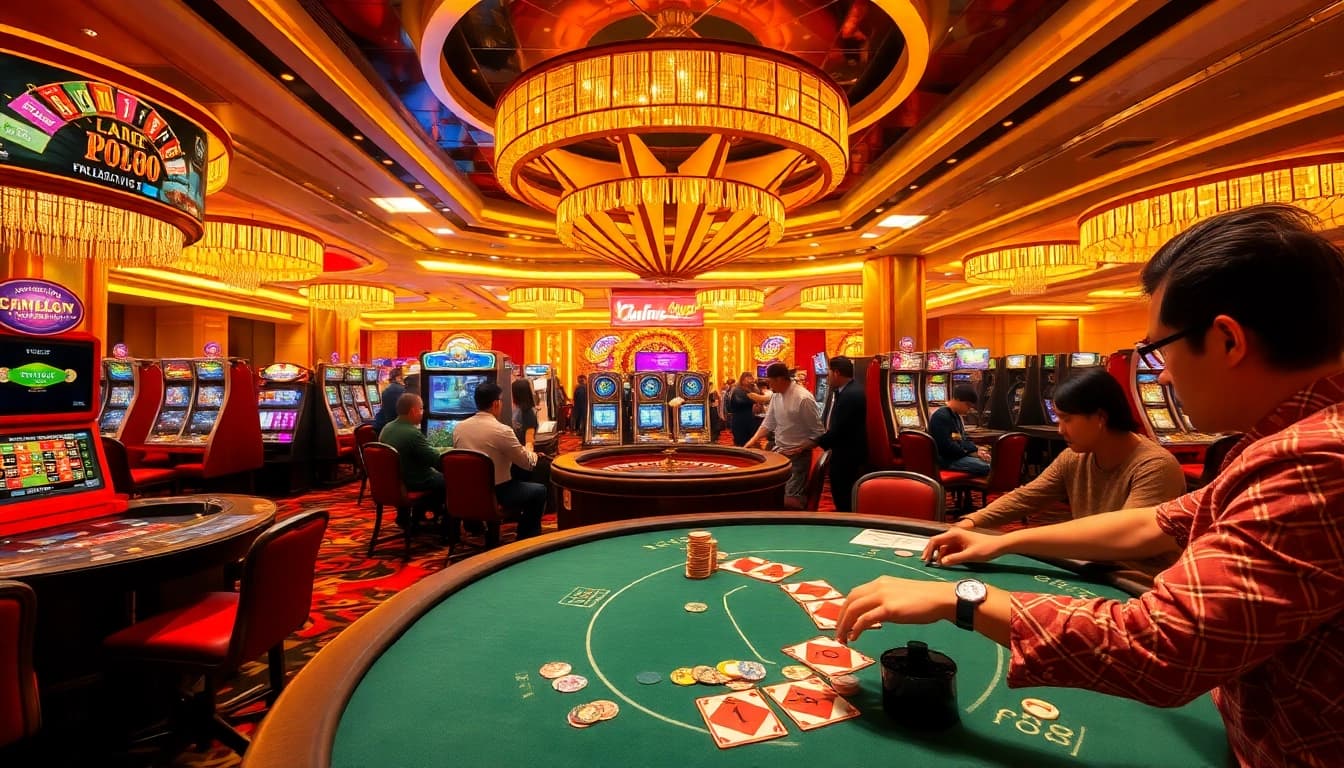Players enjoying an exciting poker game at fb88 casino with colorful chips and bright lights.