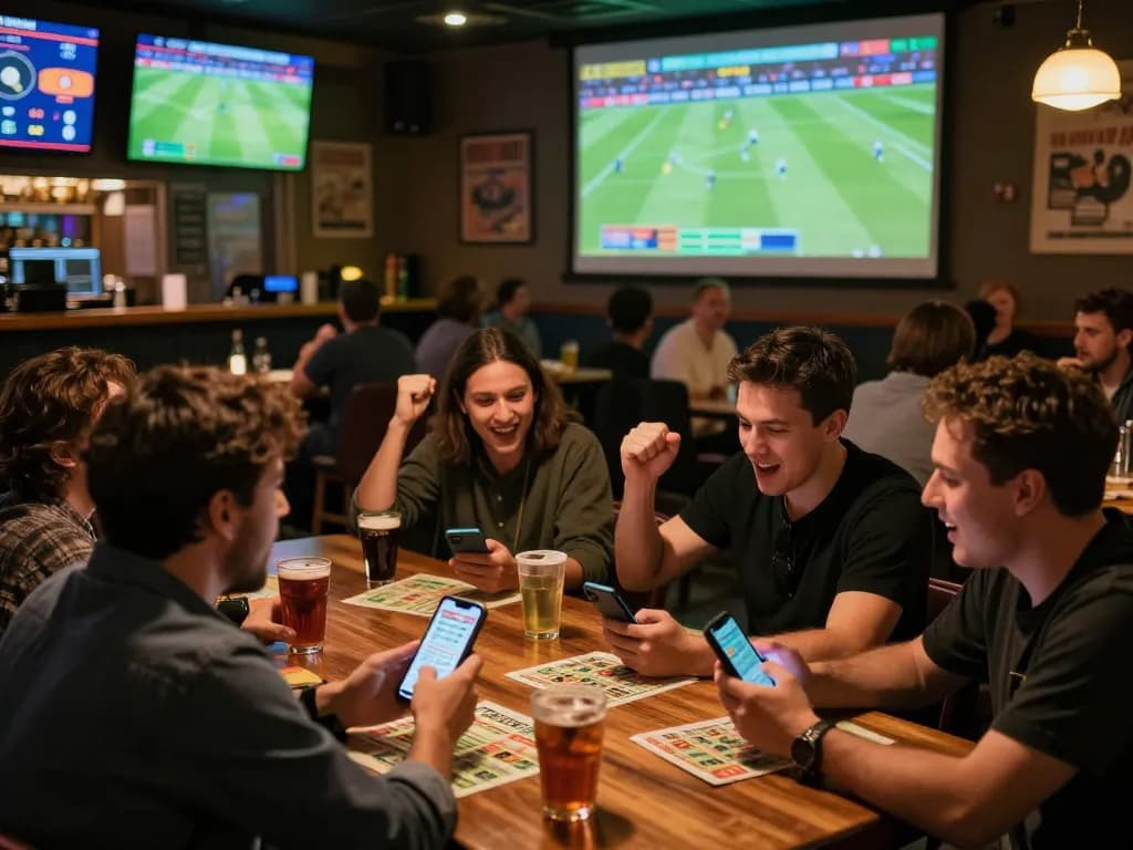 Excited patrons engaging in sports betting at Cakhia TV, cheering while using smartphones.