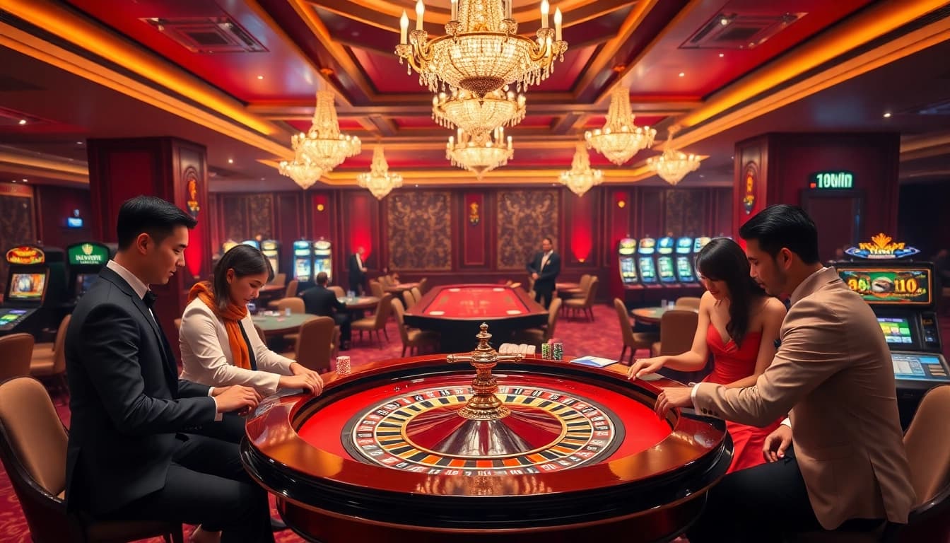 Players strategically placing bets at a vibrant roulette table in the luxurious 98win casino.