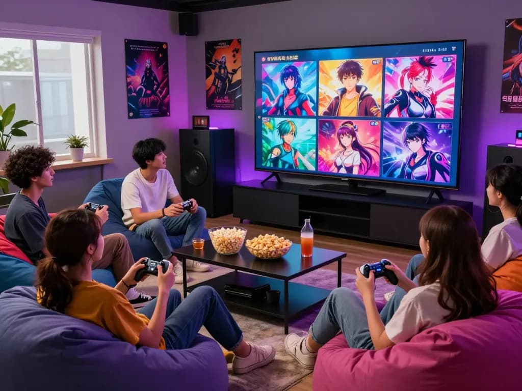 Group of friends enjoying free porn games in a cozy gaming lounge.