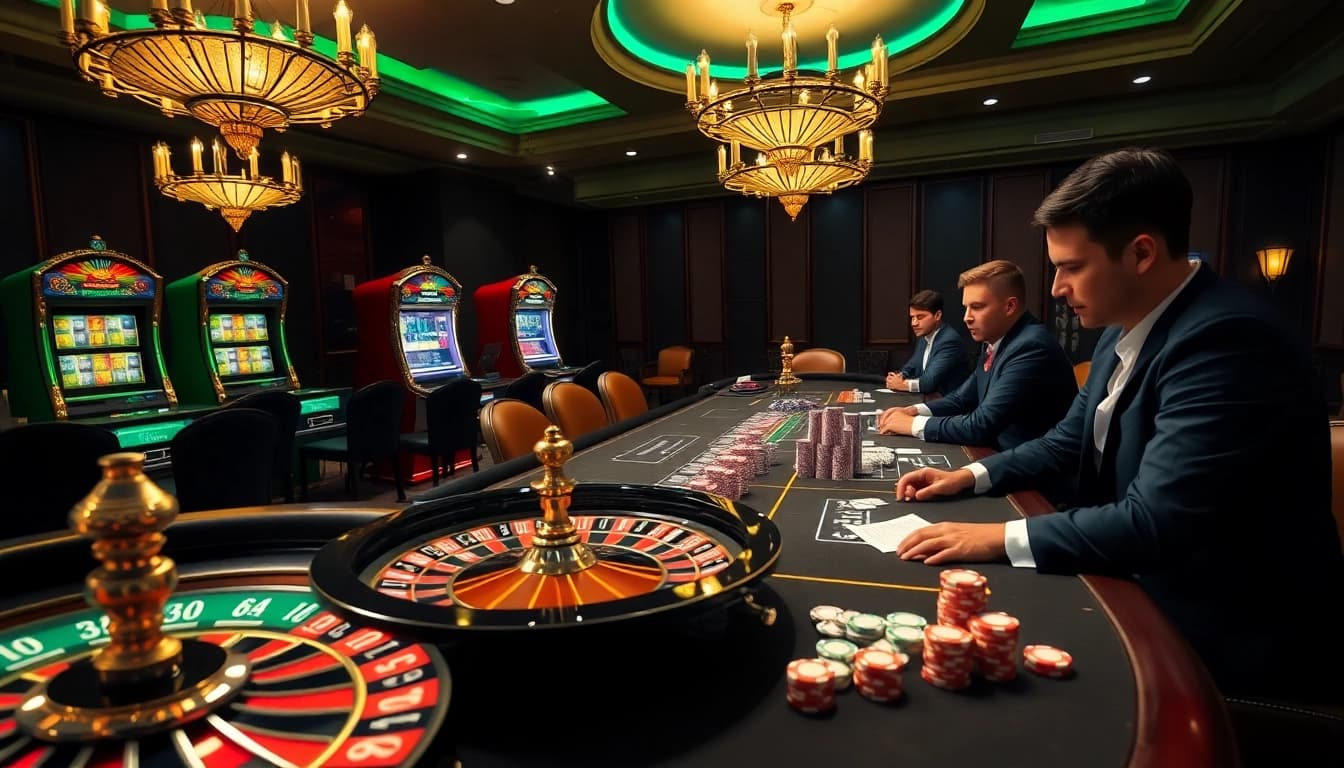 FEBET players enjoying a thrilling poker game at an upscale casino table.