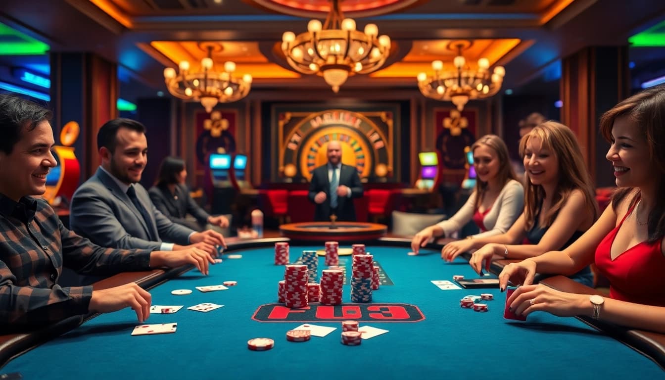Players enjoying a thrilling Hit Club poker game at a luxury casino table with colorful chips.